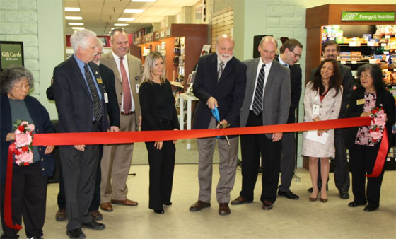Dignitaries attending The Campus Store at Loma Linda University bookstore grand opening include (from L to R) Phil Carlisle, Dr. Ron Carter, Rod Neal, Denise Nakakihara, Dr. Richard Hart, Kevin Lang, Russell Markman, Angela Lalas and Gary Nelson.